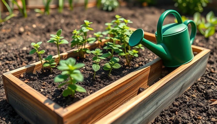 Outdoor garden with plants and watering can, home gardening setup.
