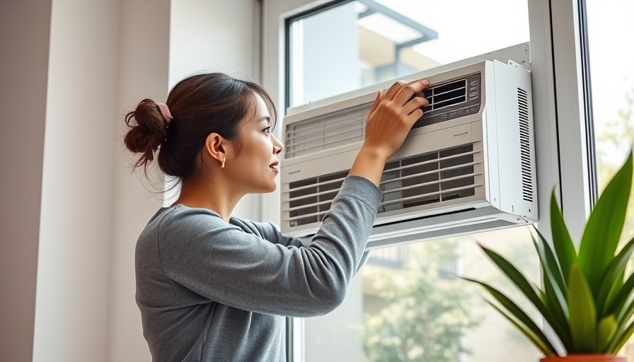 Young woman installing a window air conditioner, demonstration.