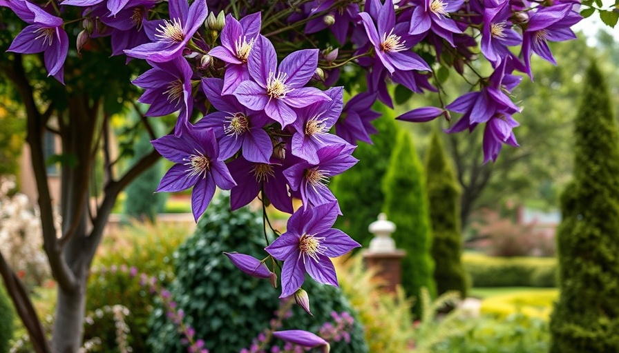 Purple clematis in vertical garden climbing a tree trunk