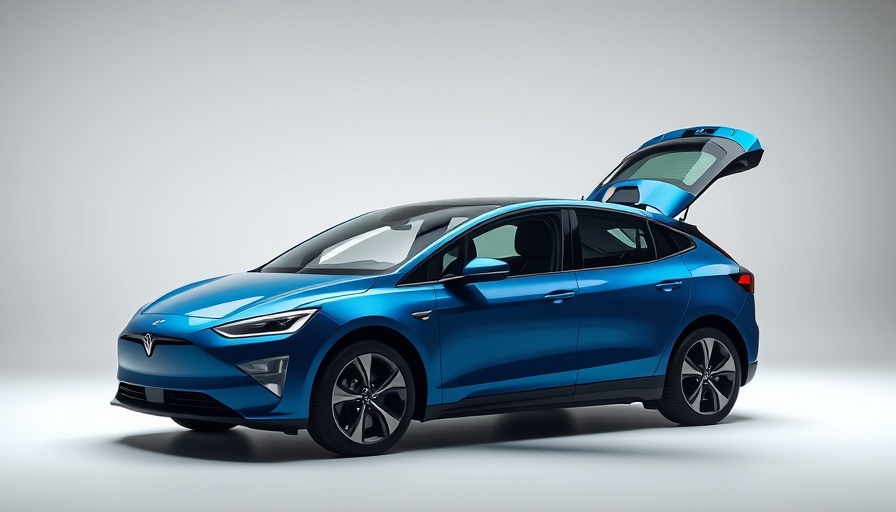 Sleek blue electric car with man opening door in minimalistic studio