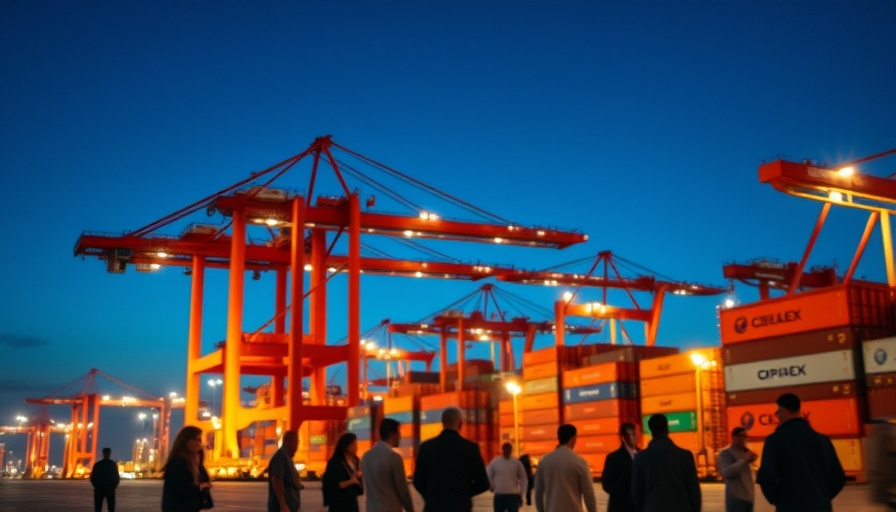 Container port at dusk, US-China trade talks impact on investors.