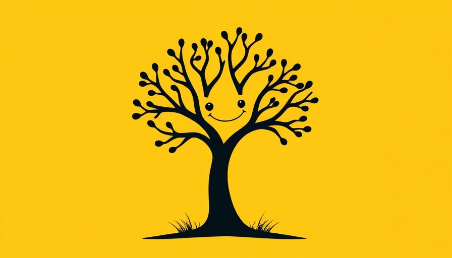 Abstract tree silhouette with smile on yellow, illustrating laughter in business.