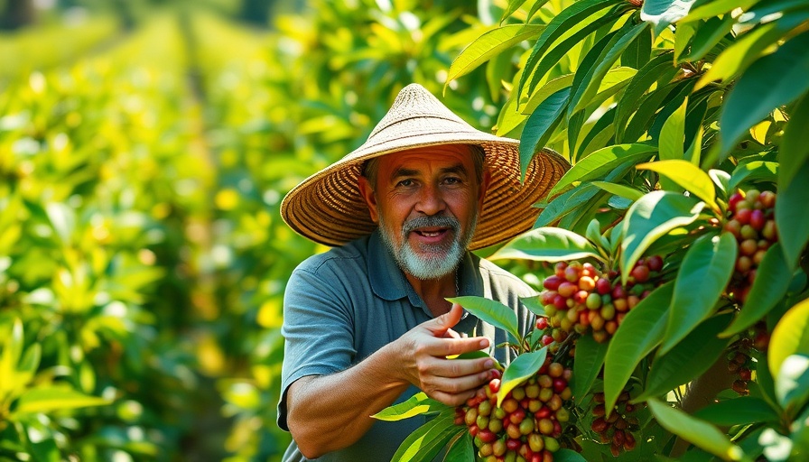A farmer picking coffee beans in a lush plantation, representing Latin America trade.