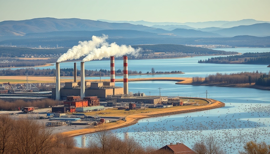 Industrial site near lake with birds in Europe, chimneys in background.