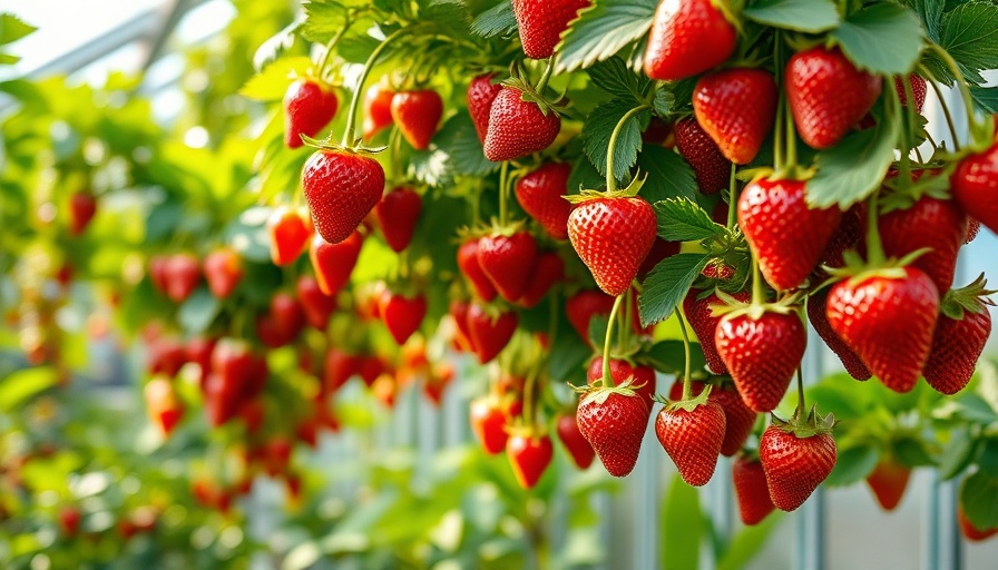 Raised bed gardening setup with hanging strawberries in greenhouse.