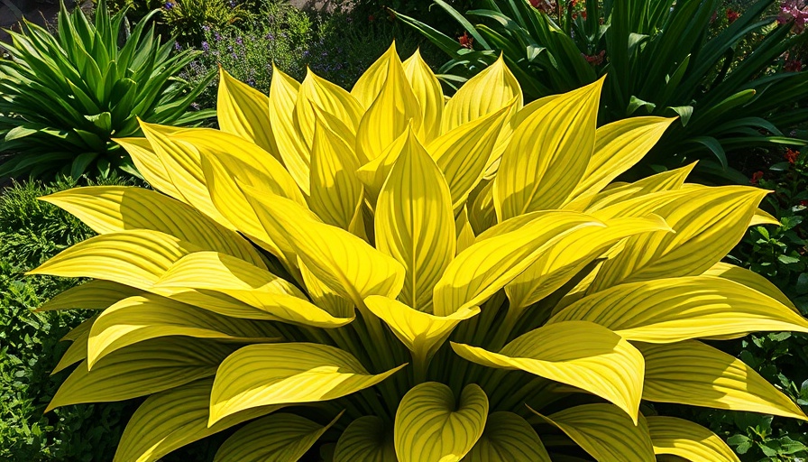 Vibrant yellow hosta leaves under sunlight in garden setting