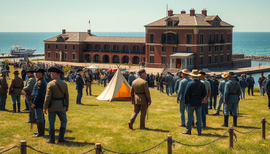 Bay Area Civil War history reenactment scene by the waterfront.