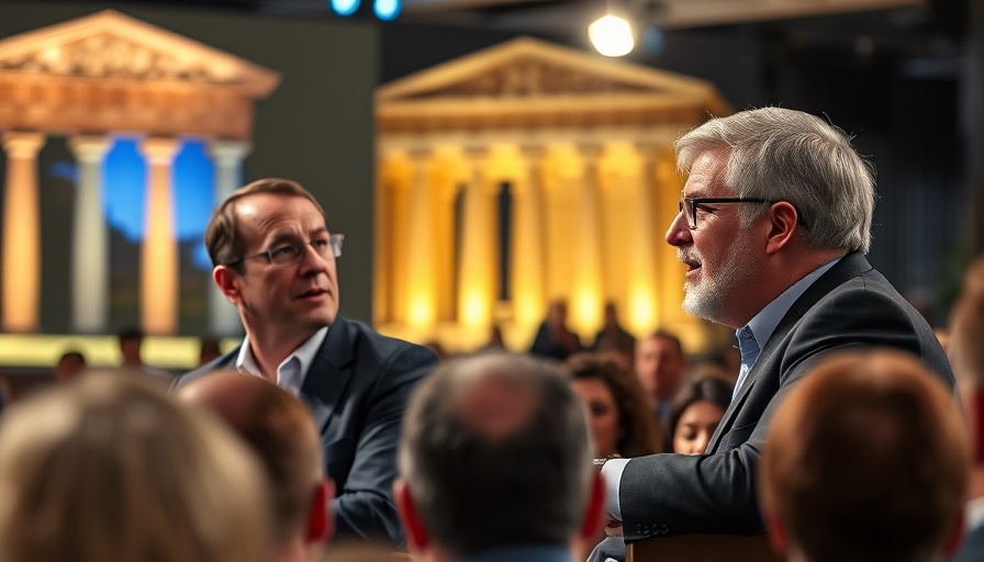 Conference with Parthenon backdrop discussing Greece tech economy.