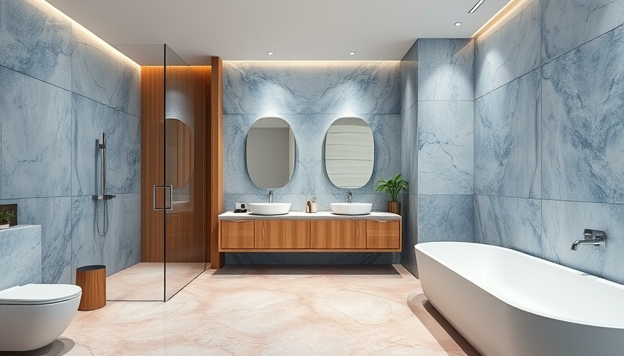 Modern bathroom design showcasing blue, pink, and grey themes.