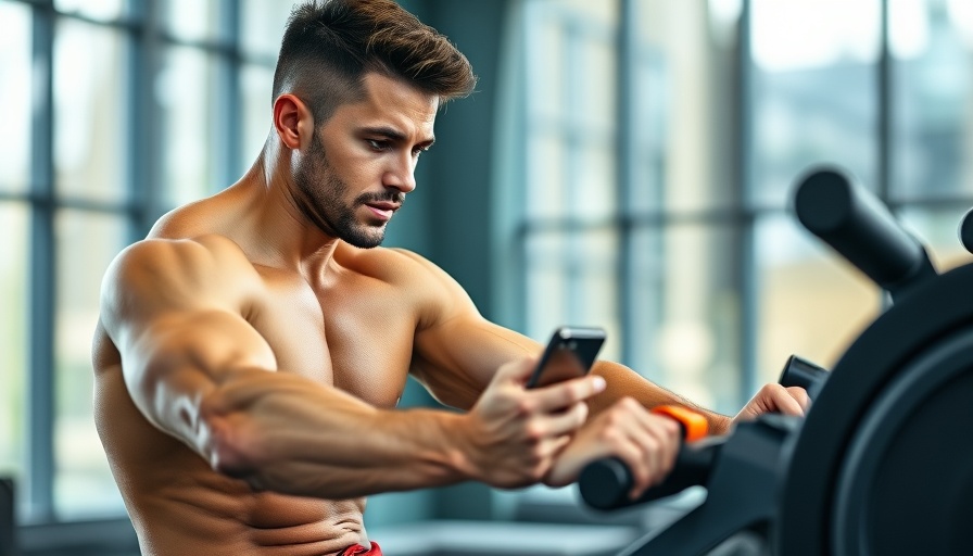Man using rowing machine with fitness tracker and smartphone.