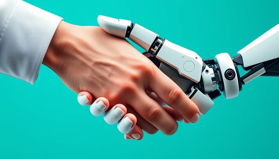 Human and robot hands handshake; unity and collaboration in AI bot world.