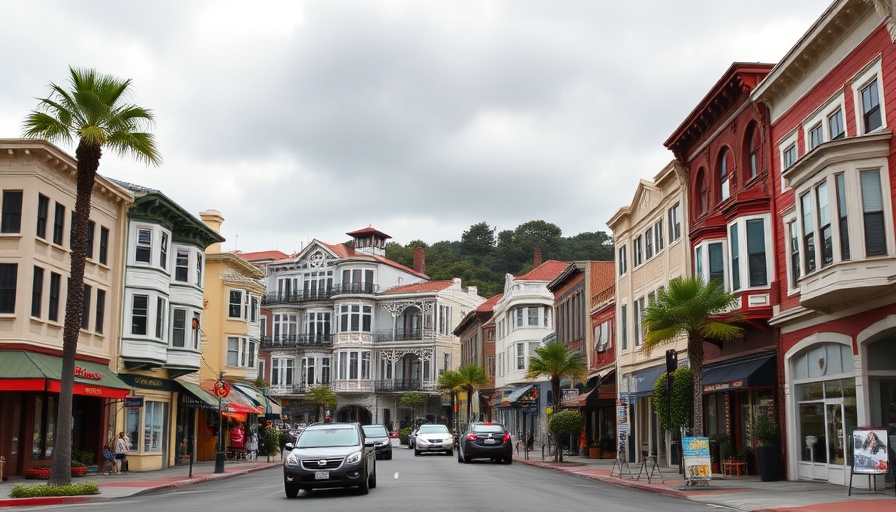 Charming Sausalito street view with historic buildings and overcast sky showcasing potential for affordable housing changes.
