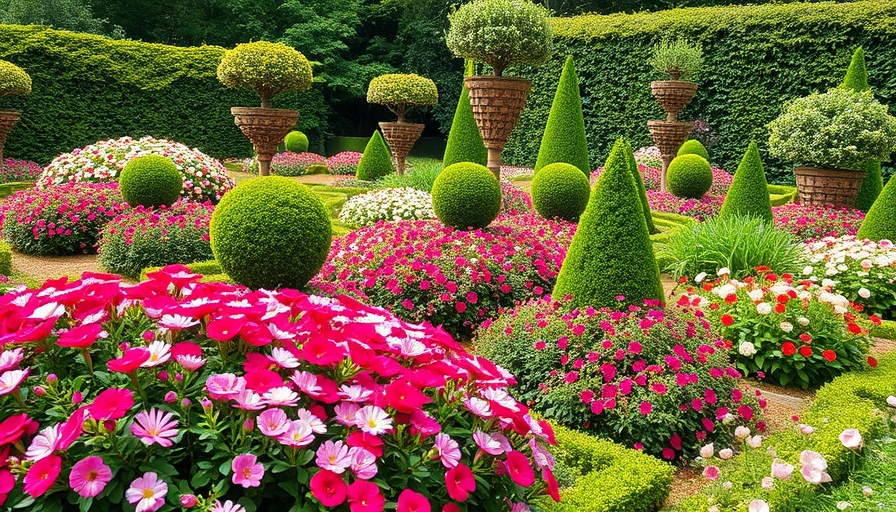 Lush garden with colorful flower beds and topiary; best flowers for mass planting.