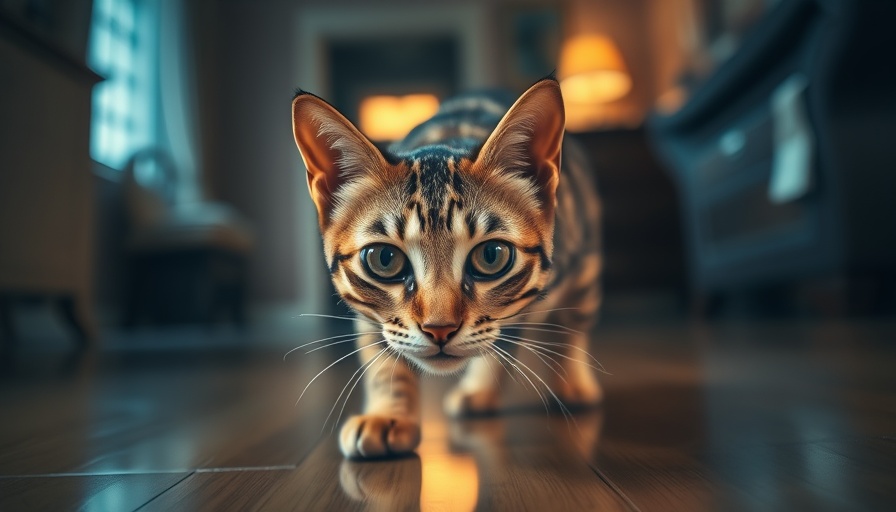 Tabby cat prowling indoors at night, focused and intense.