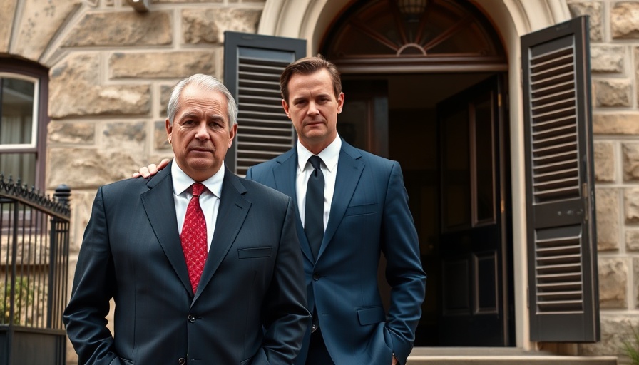 Two men in formal attire during US China Tariff Talks outside a building.