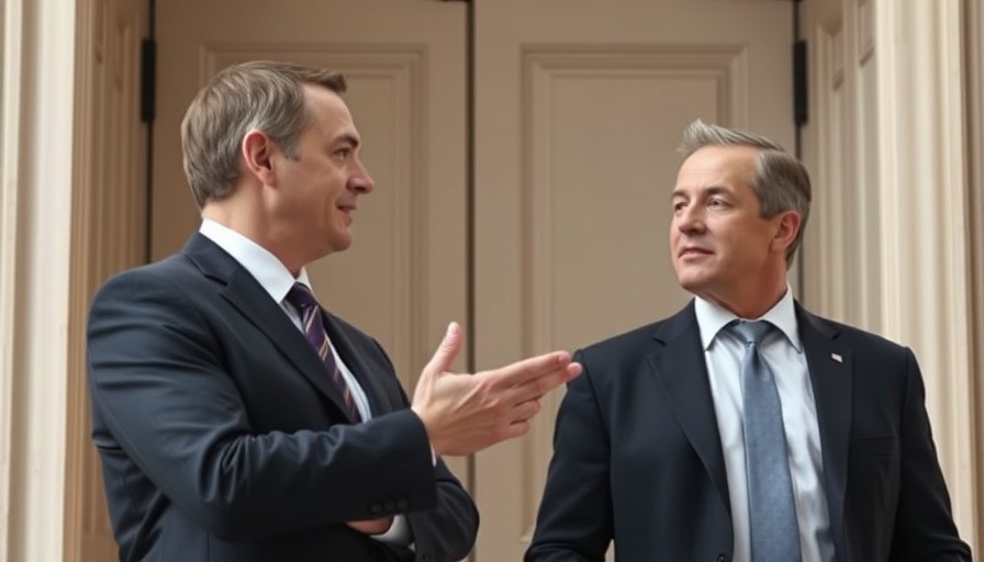 Businessmen discussing US-China trade talks outside.