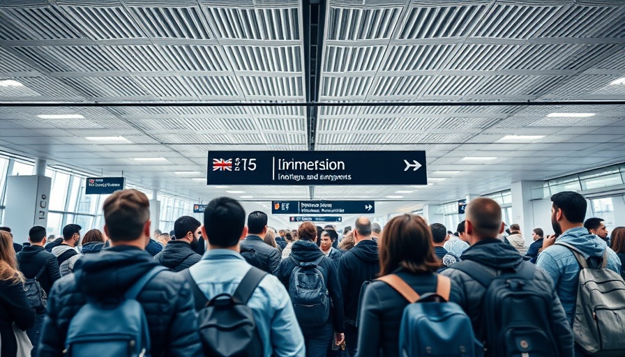 UK border control area with passengers in line.