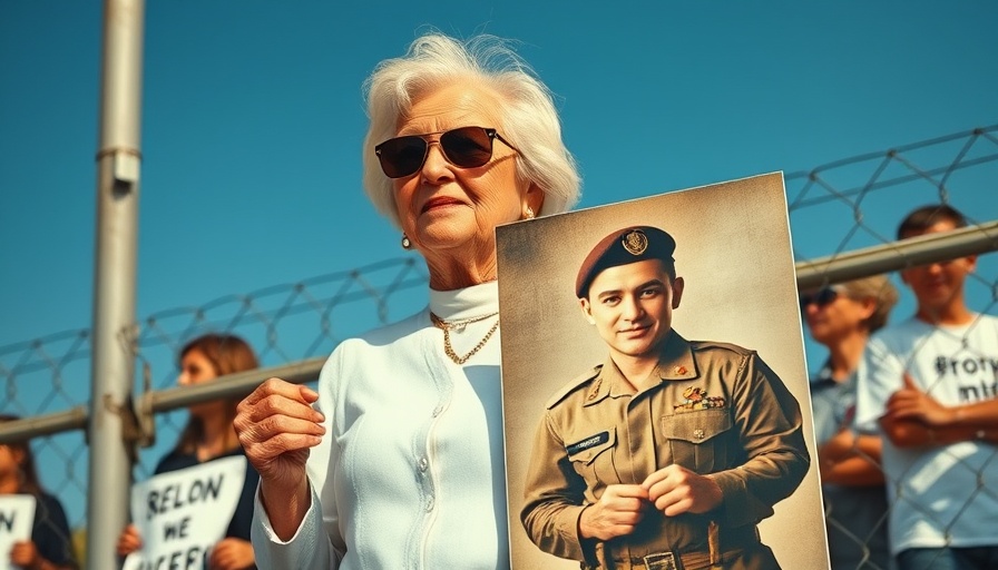 Protest for Hamas hostage release for Gaza ceasefire, elderly woman holding poster.