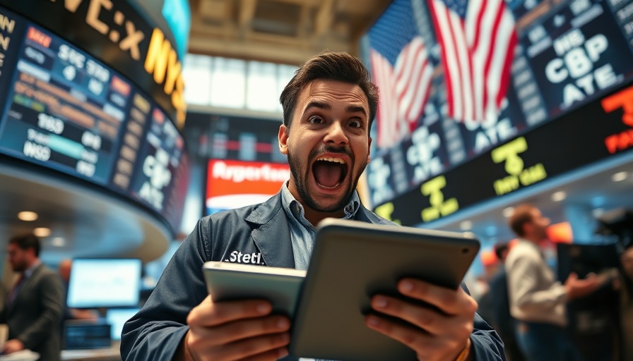 Trader on the stock exchange floor reacts as Dow futures surge due to U.S.-China talks.