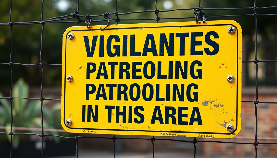 Yellow warning sign 'Vigilantes Patrolling' on a wire fence outdoors.