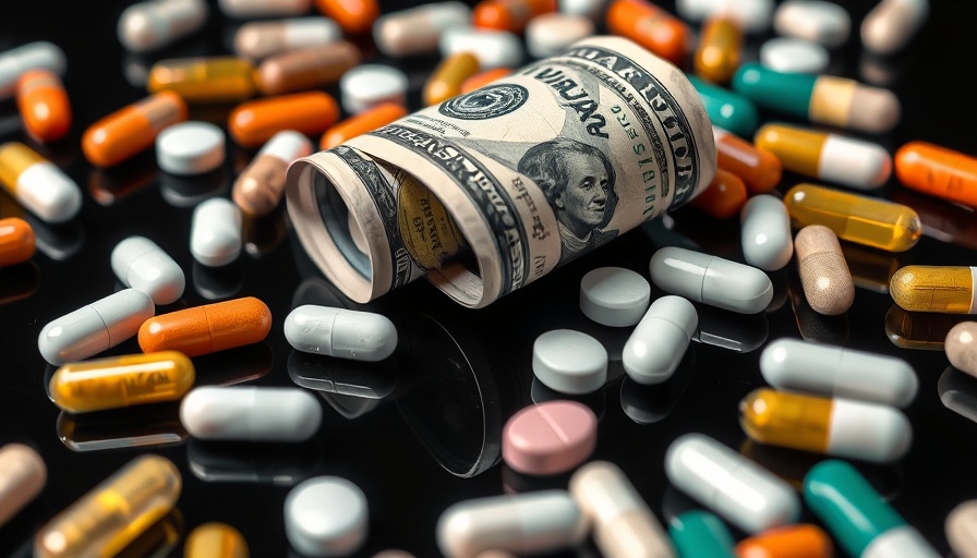 Reduce prescription drug prices concept with pills and money.