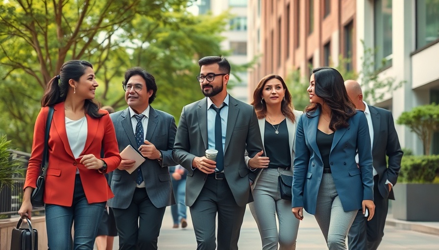 Group of professionals walking and talking in an urban setting.