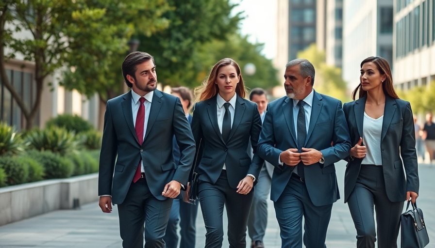 Business professionals in discussion outdoors, stock market news.