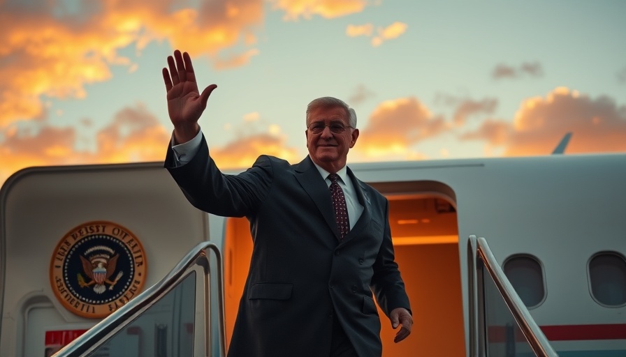 Distinguished older man exiting plane with presidential seal during sunset.