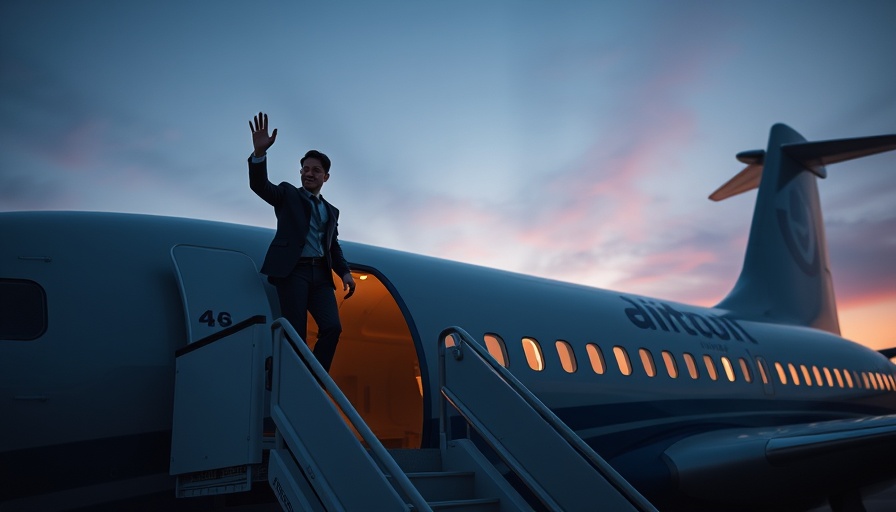Confident person waving from aircraft stairs at twilight.