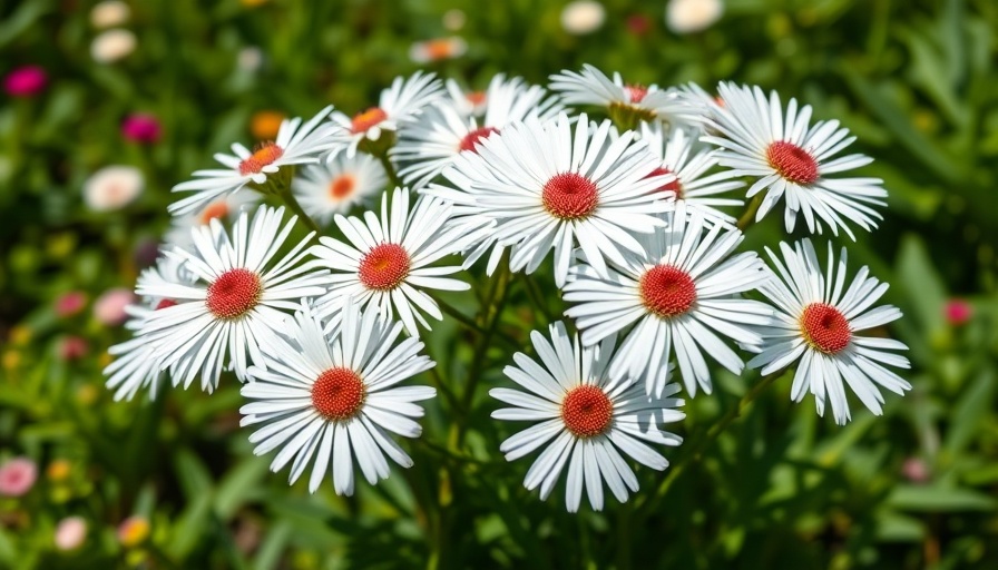 Vibrant white aster flowers in full bloom with lush green foliage.