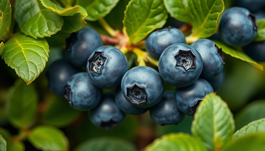 Close-up of ripe blueberries on a bush in vibrant colors.