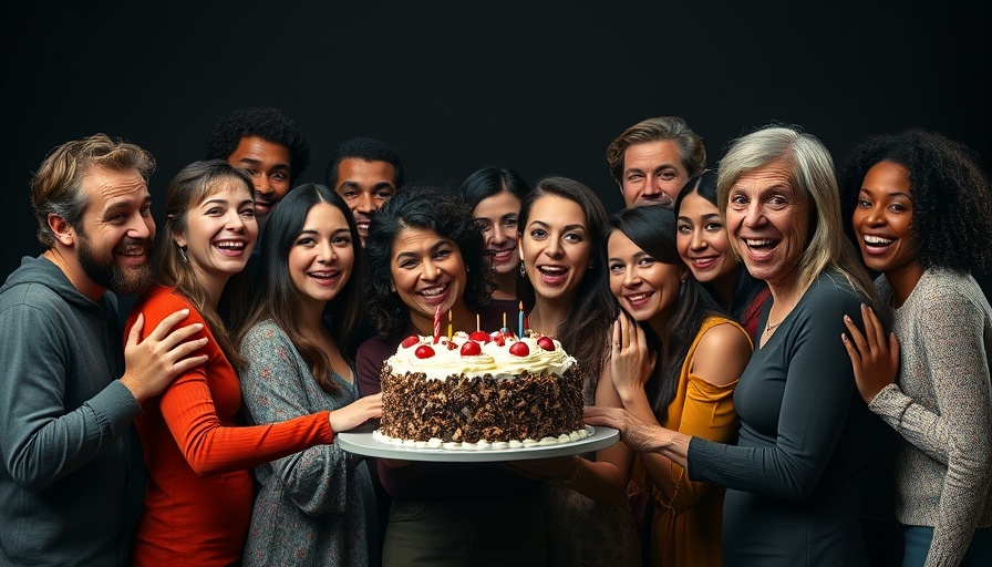 Theatrical scene of a diverse group holding a cake at Bay Area event.