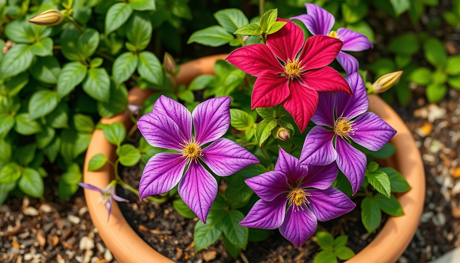 Vibrant clematis flowers in a terracotta pot for container gardening.