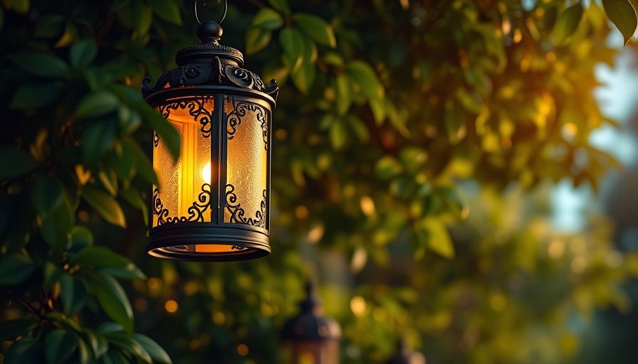 Ornate garden lantern glowing softly, surrounded by greenery.