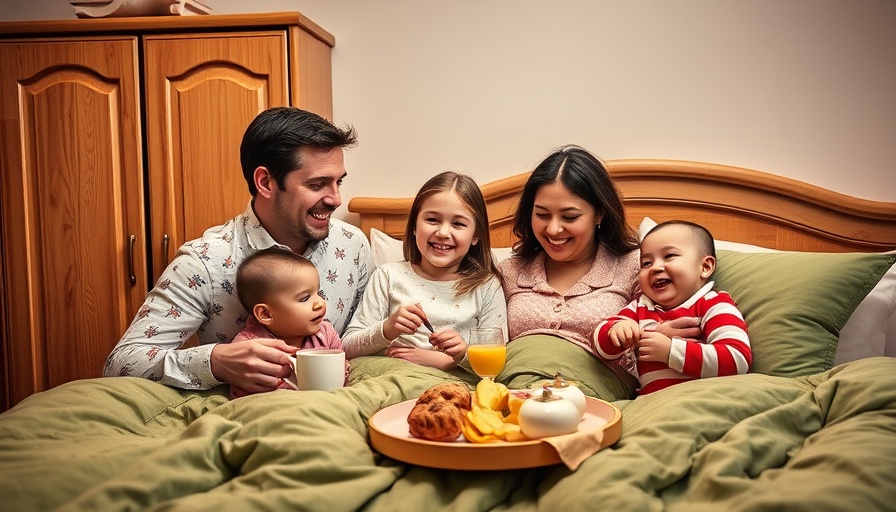 Joyful family celebrating Mother's Day with breakfast in bed.