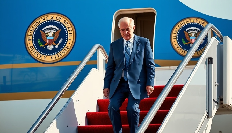 Figure walking up airplane stairs with presidential seal, emoluments clause context.