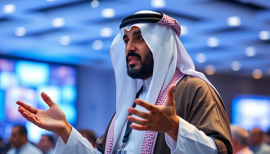Confident speaker at Saudi AI Venture Launch in traditional attire.