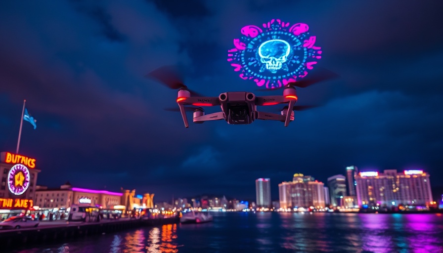 Grateful Dead 60th anniversary concert drone display over city waterfront.