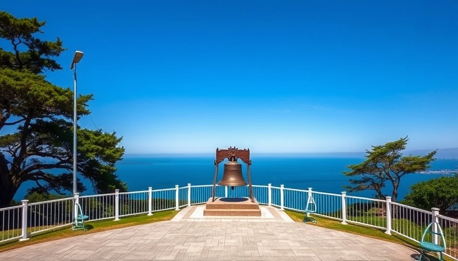 Historic site on Angel Island with ocean view and bell.