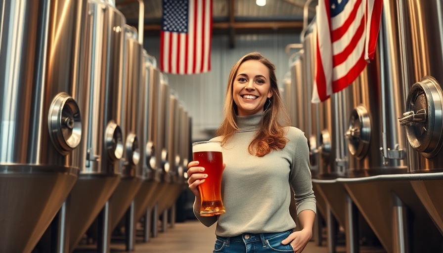 Woman in brewery on Mare Island with beer and US flag in background