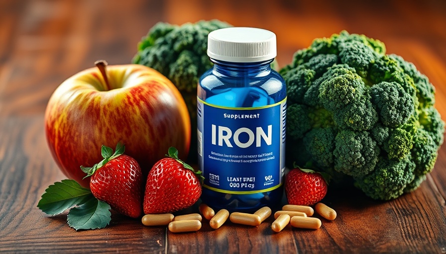 Blue iron supplement bottle with fruits and vegetables.