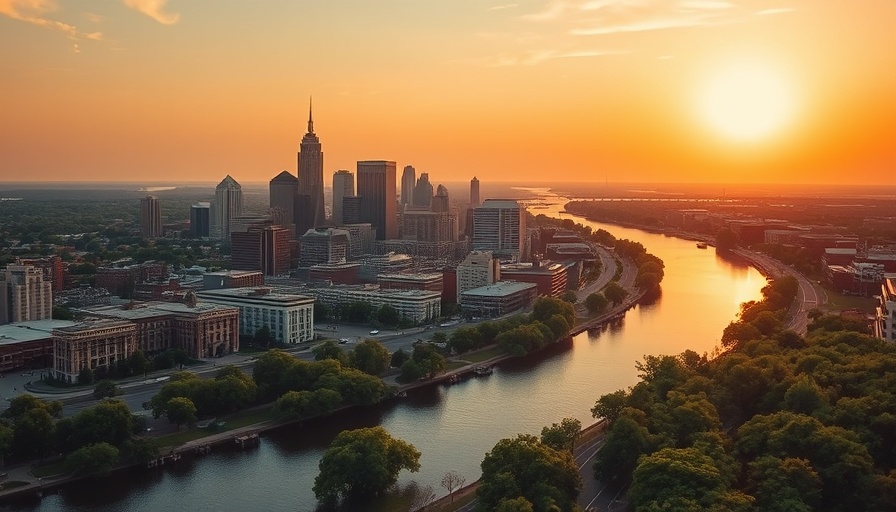 Aerial view of Delaware cityscape and river at sunset, pros and cons of living in Delaware.