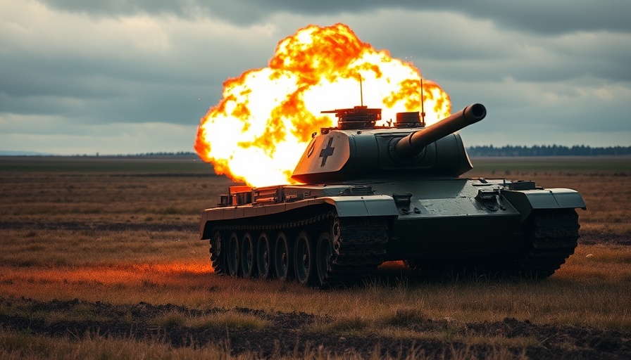Explosive scene of tank firing under cloudy sky at peace talks context.