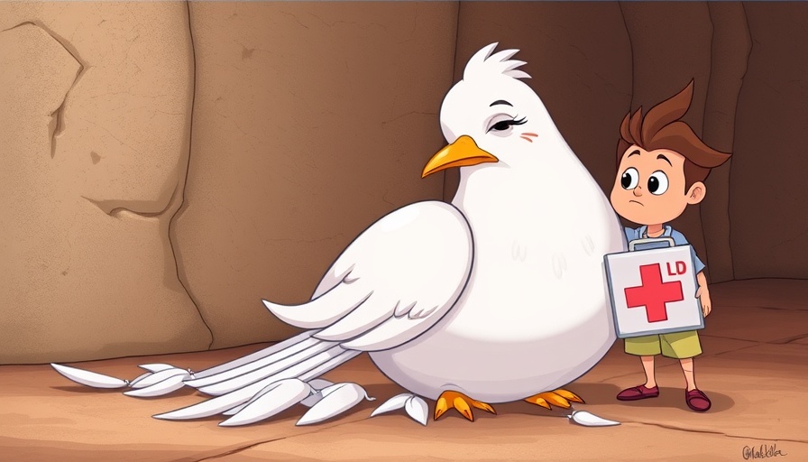 Cartoon dove with a medical kit nearby, symbolizing peace effort.