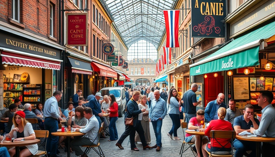 UK street market showing consumer spending trends with outdoor dining.
