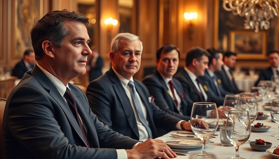 Formal dinner scene with men in suits in discussion.