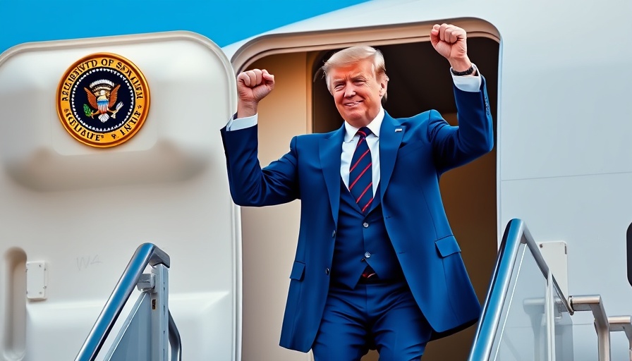Trump's Foreign Trip: Man boarding a plane, raising fist in sunlight.