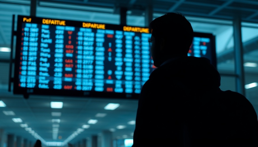 Traveler at Newark airport checking delayed flights on a departure board.