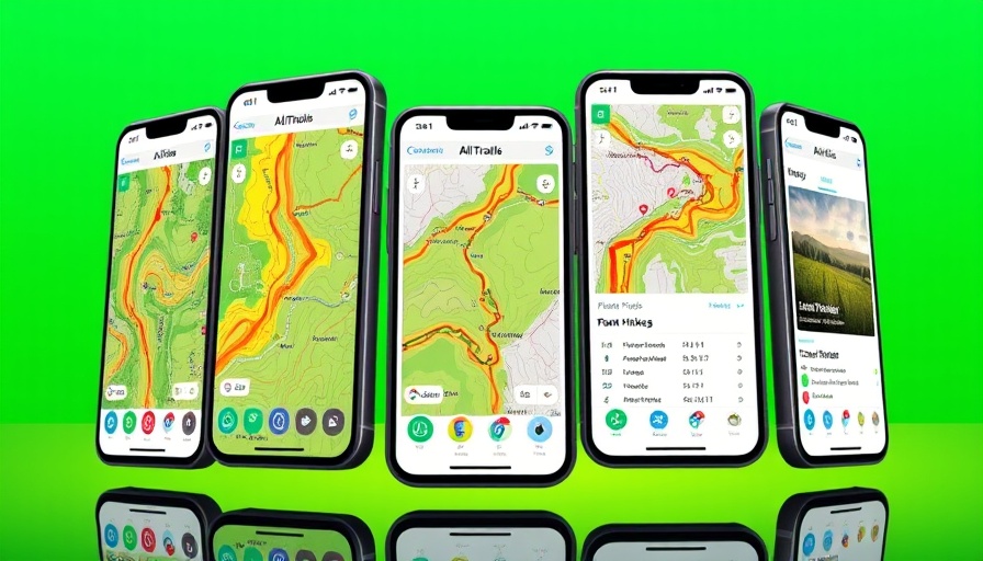 AI-powered membership AllTrails display on smartphones showing app features.