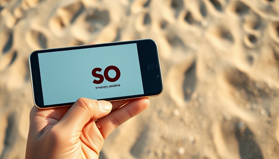 Hand holding phone with Apple emergency satellite features on beach.